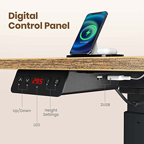 Rolanstar L Shaped Standing Desk with LED Light and Power Outlet, Dual Motor Height Adjustable Electric Standing Desk with Monitor Stand & Keyboard Tray, 61.2" Sit Stand Desk Rustic Brown