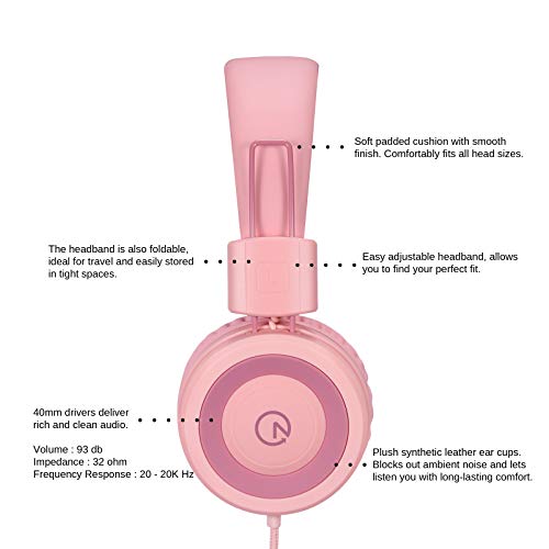 Kids Headphones - noot products K11 Foldable Stereo Tangle-Free 3.5mm Jack Wired Cord On-Ear Headset for Children/Teens/Girls/Smartphones/School/Kindle/Airplane/Plane/Tablet - Soft Pink