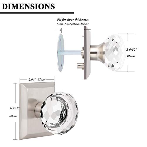 10 Pack Orger Crystal Dummy Door Knobs Without Lock or Latch, Inactive Half Dummy Round Door Knobs on One Side of Doors, Glass Pantry Door Knobs with Satin Nickel Square Rosette