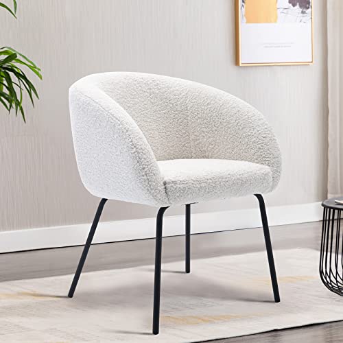 Zesthouse Modern Sherpa Chair Upholstered Barrel Chair with Metal Legs, Cute Makeup Vanity Chair Desk Chair No Wheels, Accent Armchair Comfy Leisure Sofa Chair for Living Dining Room Bedroom,White