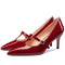 Aachcol Women Stiletto Mid Low Heel Pumps T-Strap Slip-on Pointed Toe Dress Shoes Office Party Wedding Patent 2.5 Inch, Burgundy Red, 9.5