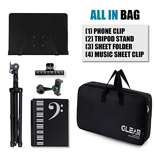 GLEAM Sheet Music Stand - 5 in1 Desktop Book Stand Metal with Carrying Bag Folder and Clamp