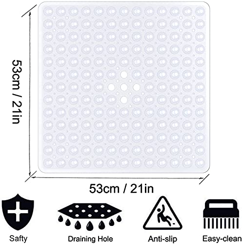 Square Shower Mat Non Slip Anti Mould - 53 x 53cm/21 x 21inch Anti Slip Shower Mat with Suction Cup, Antibacterial Rubber Bathtub Mat with Drain Holes, Machine Washable, Clear White