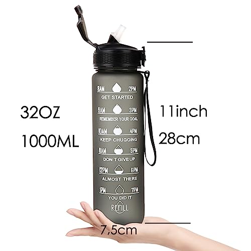 1L Motivational Water Bottle with Straw and Time Marker, Leakproof Tritan BPA-Free Water jugs for Drinking, Water Jug with Carry Strap for Gym Fitness- black