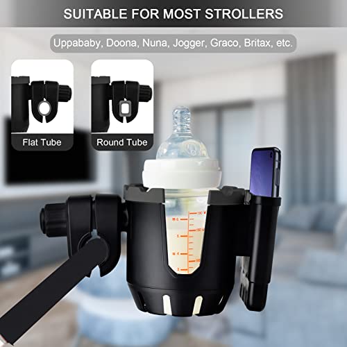 OFFWEGO Universal Stroller Cup Holder with Phone Holder - 2-in-1 for Uppababy Doona Nuna Jogger Graco Britax Bugaboo Cup Holder for Wheelchair Walker Bike Accessories, Gifts for Women Mom Men, Black