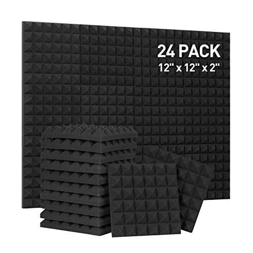 Hertber-24 Pack Acoustic Panels Sound Proof Foam 12 x 12 x 2 Inches Acoustic Foam Pyramid Black Sound Panels For Wall Sound Absorbing
