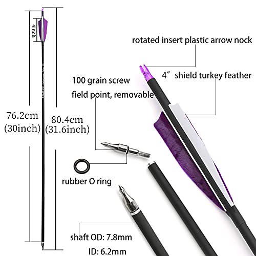 ZSHJGJR 30 Inch Archery Carbon Arrows Hunting Arrows with 4” Turkey Feather Targeting Practice Arrows Spine 500 for Compound & Recurve & Traditional Bow 6/12pcs (12 x Purple Arrows)