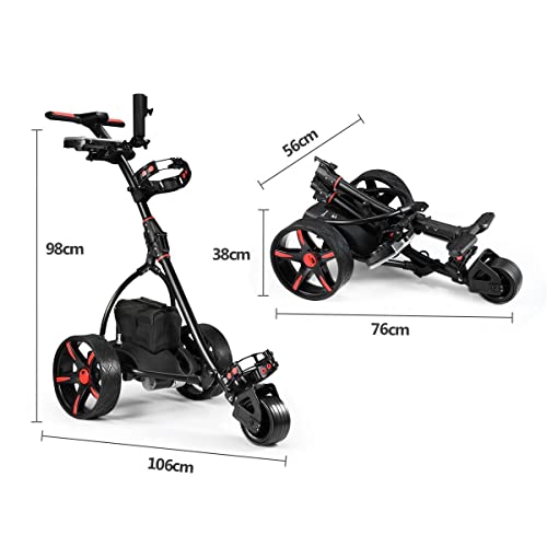 Electric Golf Trolley Foldable Push Golf Buggy Cart 3 Wheel 3 Distance Control LED Display- Black & Red
