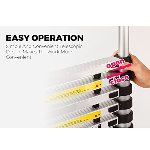 2.6M/8.5FT Telescopic Aluminium Ladder with Safety Hooks, Extension Compact Ladder Lightweight Folding Collapsible Ladder, Heavy Duty Non Slip Extend Climb Ladder, Independent Height Locking