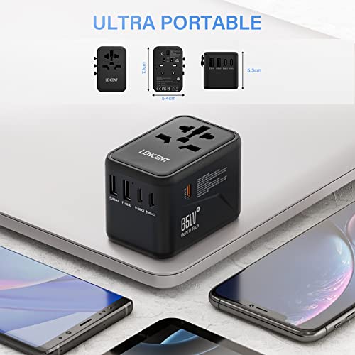 LENCENT Universal Travel Adapter, GaN III 65W International Charger with 2 USB Ports & 3 USB-C PD Fast Charging Adaptor, Worldwide Wall Charger for iPhone, Laptop, USA/UK/EU/AUS, (Black)