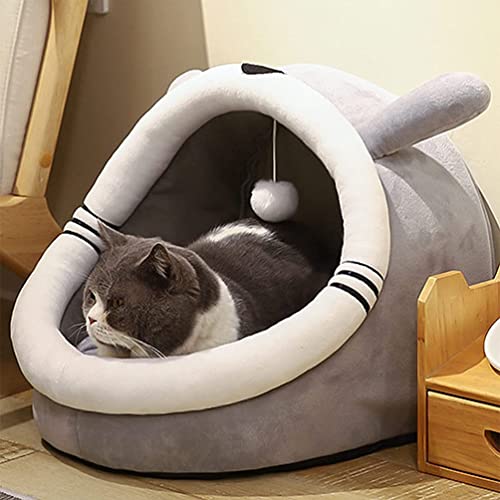 iDopick Cat Beds for Indoor Cats, Cat Cave Bed Cat House with Anti-Slip Bottom,Washable Cat Bed with with Hanging Toy, Puppy Bed with Removable Cotton Pad, Super Soft and Self Warming Calming Pet Bed