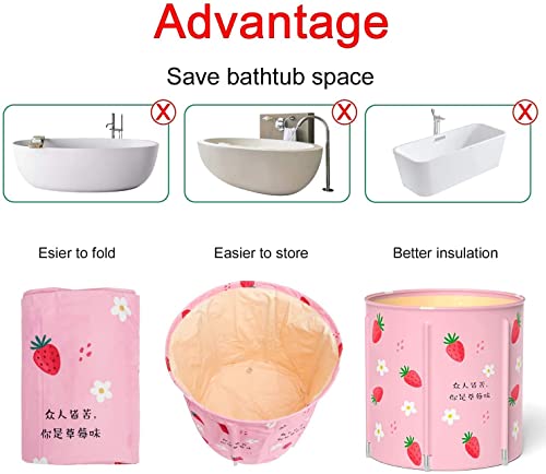 Portable Bathtub, 70x70cm Soaking Bath Tub for Shower Stall, Foldable Bathtub with Thermal Foam, Freestanding & Soaking Spa Bath Tub with Water-Filled Cushion for Relaxation (Pink)