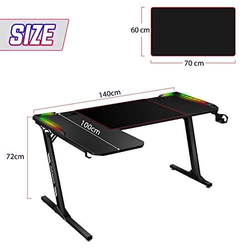 L Shaped Gaming Desk with Leg Light Computer Desk Home Office Workstation Racer Gaming Table Desktop Carbon Fiber USB Wireless Charger Black 140CM