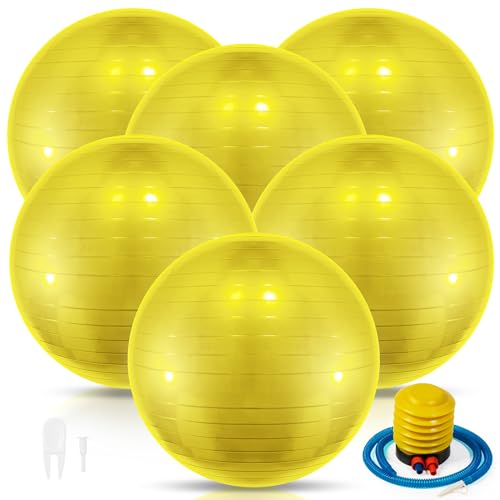 Jexine 6 Pcs Yoga Ball Exercise Ball PVC Stability Balance Yoga Ball Chair Quick Pump for Physical Workout Pregnancy Home Office Gym Equipment (25.59 Inch, Yellow)