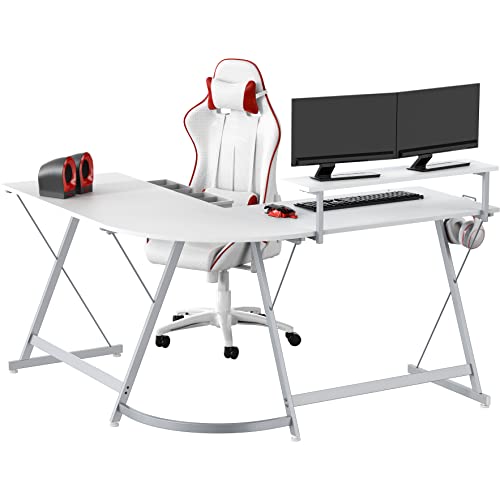 SHW Gaming L-Shaped Computer Desk with Monitor Stand, White