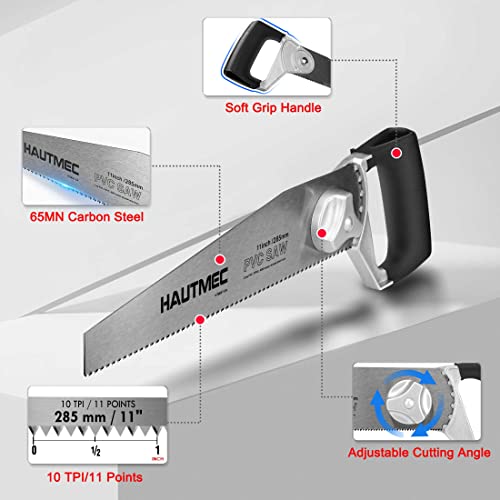 HAUTMEC Heavy Duty 11-Inch PVC/ABS Pipe Saw And General Purpose Hand saw, Adjustable Cutting Angle, For Cutting Pipe In Tight Spaces, for Trimming, Gardening, Wood, Drywall, And Plastic HT0027-SA