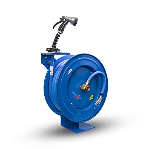 BLUSEAL BSWR5850 Retractable Hose Reel with 5/8" x 50' Hot Water Rubber Hose, 6' Lead-in, 500 PSI, Brass Fittings, Swivel Mount Hose Reel, 9 Pattern Spray Nozzle