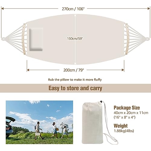 Chihee Cotton Hammock Large Soft Breathable Camping Hammock Holds Up to 660lbs Portable Tree Hammock with Detachable Spreader Bar Pillow 2 Strong Webbings 2 Carabiners Patio Garden Indoor Outdoor