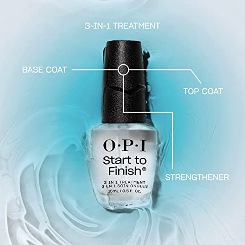 OPI Start to Finish, 3-in-1 Treatment, Base Coat, Top Coat, Nail Strengthener, Vitamin A and E, Vegan Formula, Long Lasting Shine, Up to 7 Days of Wear as Top Coat, Clear, 15ml