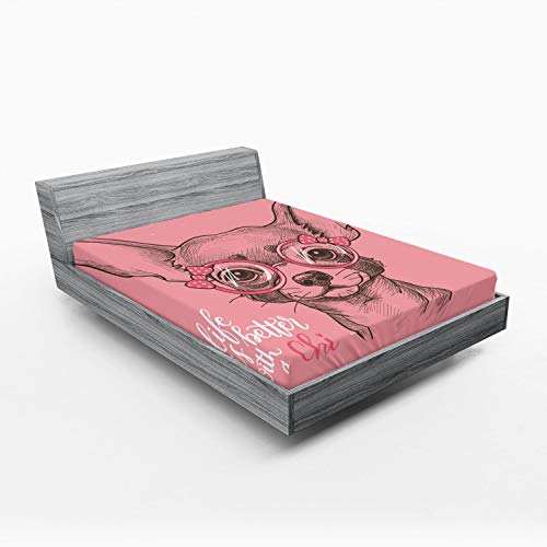 Ambesonne Dog Fitted Sheet, Girl Chihuahua Sketch Illustration Words Fashion Glasses Ribbons Puppy, Soft Decorative Fabric Bedding All-Round Elastic Pocket, Full Size, Green Pink