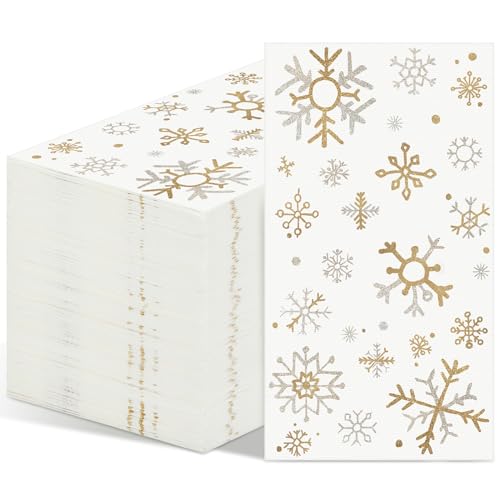 100 Pcs Snowflake Christmas Disposable Paper Guest Napkins Disposable Hand Towels for Bathroom White Gold Winter Napkins for Seasonal Christmas Winter Holiday Decor