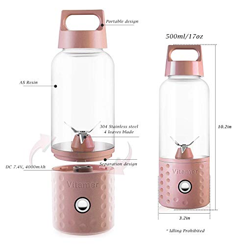 Portable Juice Blenders for Smoothie USB Rechargeable Mini Juicer Machines Extractor Household Fruit Mixer Small Cup 500ml Personal Travel Outdoors (Pink)