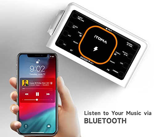 Dual Wireless Charging Alarm Clock Radio with Bluetooth Speaker, FM Radio, Two USB Port, Dual Alarm, Snooze, Night Light, Auto & Manual Dimmer Control and 1.4" Orange Display iTOMA CKS209