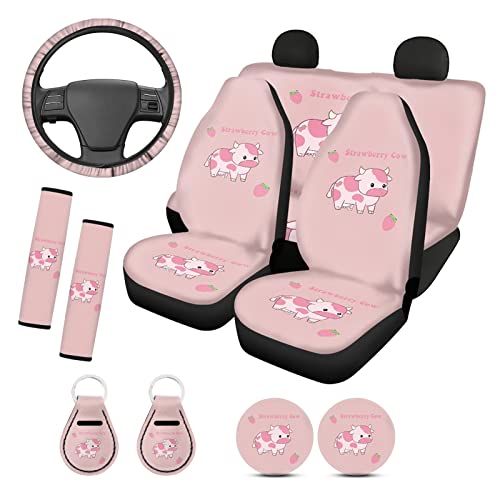 ZPINXIGN Strawberry Cow Seat Cover with Steering Wheel Cover Cute Car Seat Cover Full Set for Women Pink Car Accessories Bench Seat Cover for Truck,Seat Belt Strap Pad,Car Coasters,Keychains