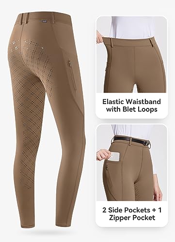 BALEAF Womens Horse Riding Pants Full Seat Riding Breeches Equestrian Tights Horseback Silicone Zipped Pocket, Brown, Small