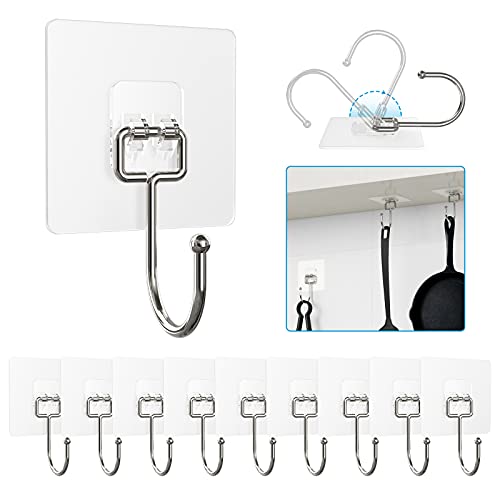 10 Pieces Large Wall Hooks for Hanging Heavy Duty 22lb(Max),Coat and Towel Adhesive Hooks,Wall Hangers Waterproof and Oilproof for Bathroom,Kitchen and Home Sticky Hooks (Transparent)