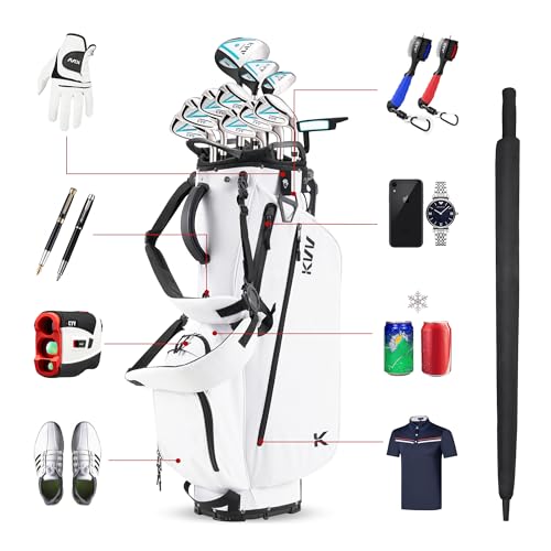 KVV Lightweight Golf Stand Bag with 7 Way Full-Length Dividers, 5 Zippered Pockets, Automatically Adjustable Dual Straps，Elegant Design(White)
