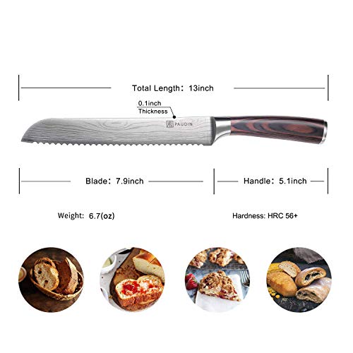 PAUDIN Bread Knife, 8 Inch Bread Slicing Knife, German High Carbon Stainless Steel Serrated Edge Knife with Ergonomic Handle, for Homemade, Crusty Bread