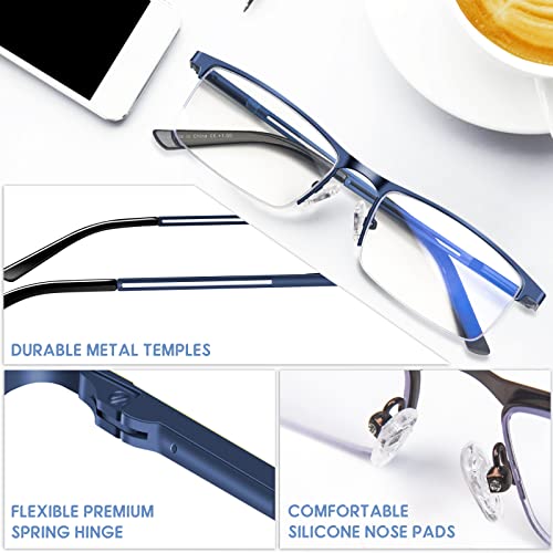 KONHAGO Blue Light Blocking Reading Glasses for Men, Half Frame Metal Readers Spring Hinge Eyeglasses Anti Eyestrain/Glare/UV