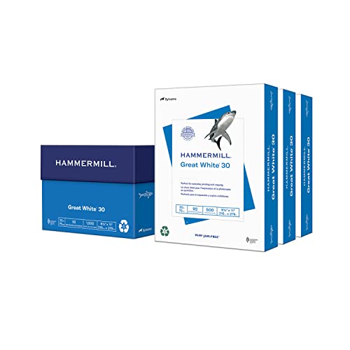 Hammermill Printer Paper, Great White 30% Recycled Paper, 8.5 x 11-3 Ream (1,500 Sheets) - 92 Bright, Made in The USA, 086820C