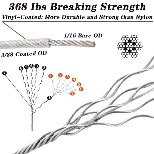 1/16 Wire Rope Kit 304 Stainless Steel Wire Cable, 7x7 Strand Core 165ft Vinyl Coated Aircraft Cable with Turnbuckle Wire Tensioner,Crimping Loop Sleeve for String Light Hanging,Garden Wire