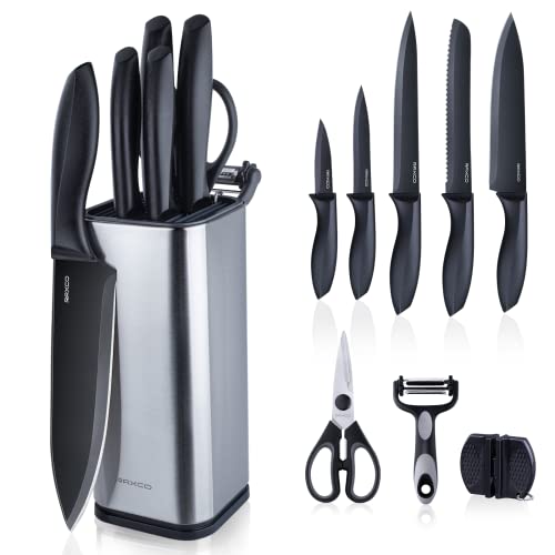 RAXCO Knife Set,10-in-1 Knife Sets for Kitchen with Block,Kitchen Knife Set with Small Knife Block & Sharpener, Knives Set for Kitchen Perfect for Small Kitchen
