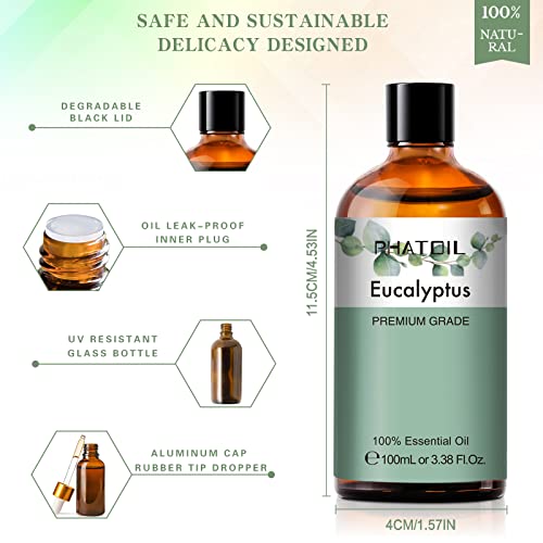 PHATOIL Eucalyptus Essential Oil 100ML, Eucalyptus Essential Oils for Diffuser, Humidifier, Aromatherapy, DIY Candle and Scented Products Making (Eucalyptus, 100ml)