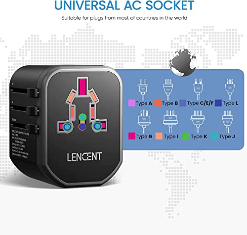 LENCENT Universal Travel Adaptor Plug with 2 USB Ports, LENCENT International Power Adapter with UK/USA/EU/AUS Plug, All-in-One Worldwide Travel Charger for Over 200 Countries in The World