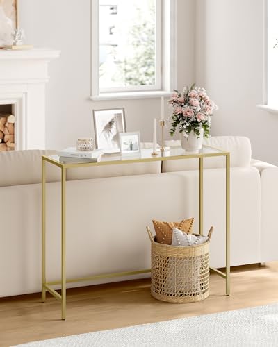 Vasagle Console Table, Tempered Glass Table, Modern Sofa or Entryway Table, Metal Frame, Sturdy, Adjustable Feet, for Living Room, Hallway, Golden