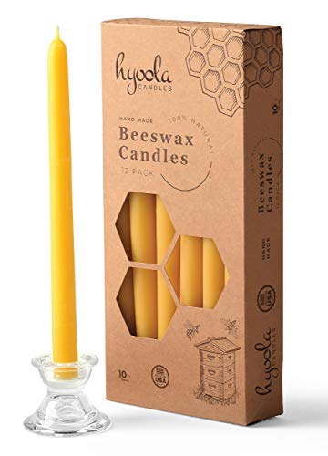 Hyoola 10 Inch Beeswax Taper Candles - 12 Pack - Handmade, All Natural, 100% Pure Unscented Bee Wax Candle - Tall, Decorative, Golden Yellow - 10 Hour Burn Time