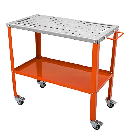 VEVOR 96 x 42 cm Welding Table, 544kg Load Capacity Steel Welding Workbench Table on Wheels, Portable Work Bench with Braking Lockable Casters, 4 Tool Slots, 5/8-inch Fixture Holes, Tool Tray