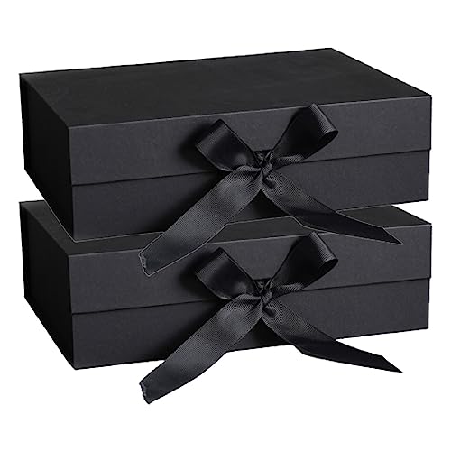 DAWNTREES 2 PCS Black Gift Box with Lid for Presents,26x19x8CM,with Ribbon and Magnetic Closure