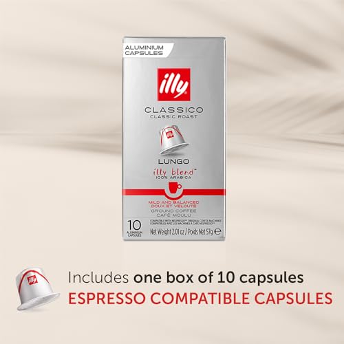 Illy Espresso Single Serve Coffee Compatible Capsules, 100% Arabica Bean Signature Italian Blend, Classico Lungo Medium Roast, 10 Count