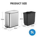 Small Waste Garbage Pedal Rubbish Bin Stainless Steel Slim Trash Can Rectangular Soft Close Lid Kitchen Bathroom 5L Sliver