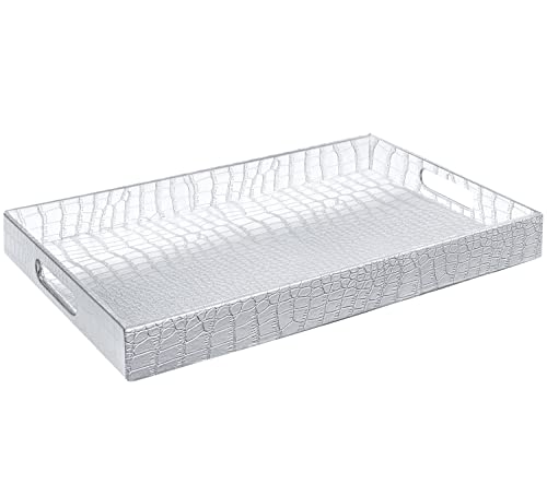 Beautiful Modern Elegant Silver 18x12 Rectangle Glossy Alligator Croc Decorative Ottoman Coffee Table Perfume Living Dining Room Kitchen Serving Tray with Handles by Home Trends for All Occassion's