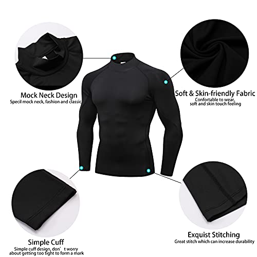 3 Pack Mens Mock Turtleneck Compression Shirts Long Sleeve Sun Protection Shirts Cooling Workout Gym Tops Undershirt, Blkgry+grey+white, Large