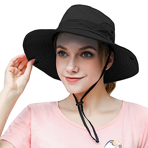 Womens Outdoor Summer Sun Hat UV Protection Wide Brim Foldable Fishing Hats with Ponytail Hole, Black, One Size