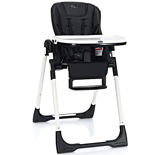 BABY JOY High Chair for Babies & Toddlers, Foldable Highchair with Multiple Adjustable Backrest, Seat Height and Footrest, Removable Tray, Detachable PU Leather Cushion, Built-in Rear Wheels (Black)