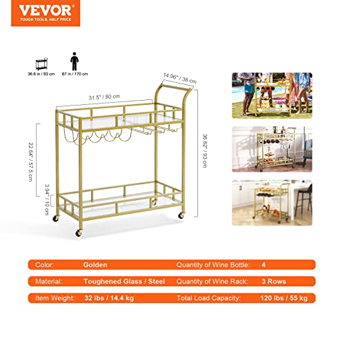 VEVOR Bar Cart Gold, 2 Tiers Home Bar Serving Cart on Lockable Wheels, Rolling Alcohol Cart with Tempered Glass Shelves Guardrail Wine Rack, Modern Wine Cart for Home Kitchen Dining and Living Room