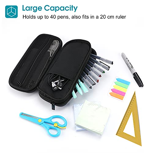 ProCase Pen Pencil Case, 2-Layer EVA Zipper Pencil Box Pouch Large Capacity Stationery Storage Organizer for School Office Supplies -Black